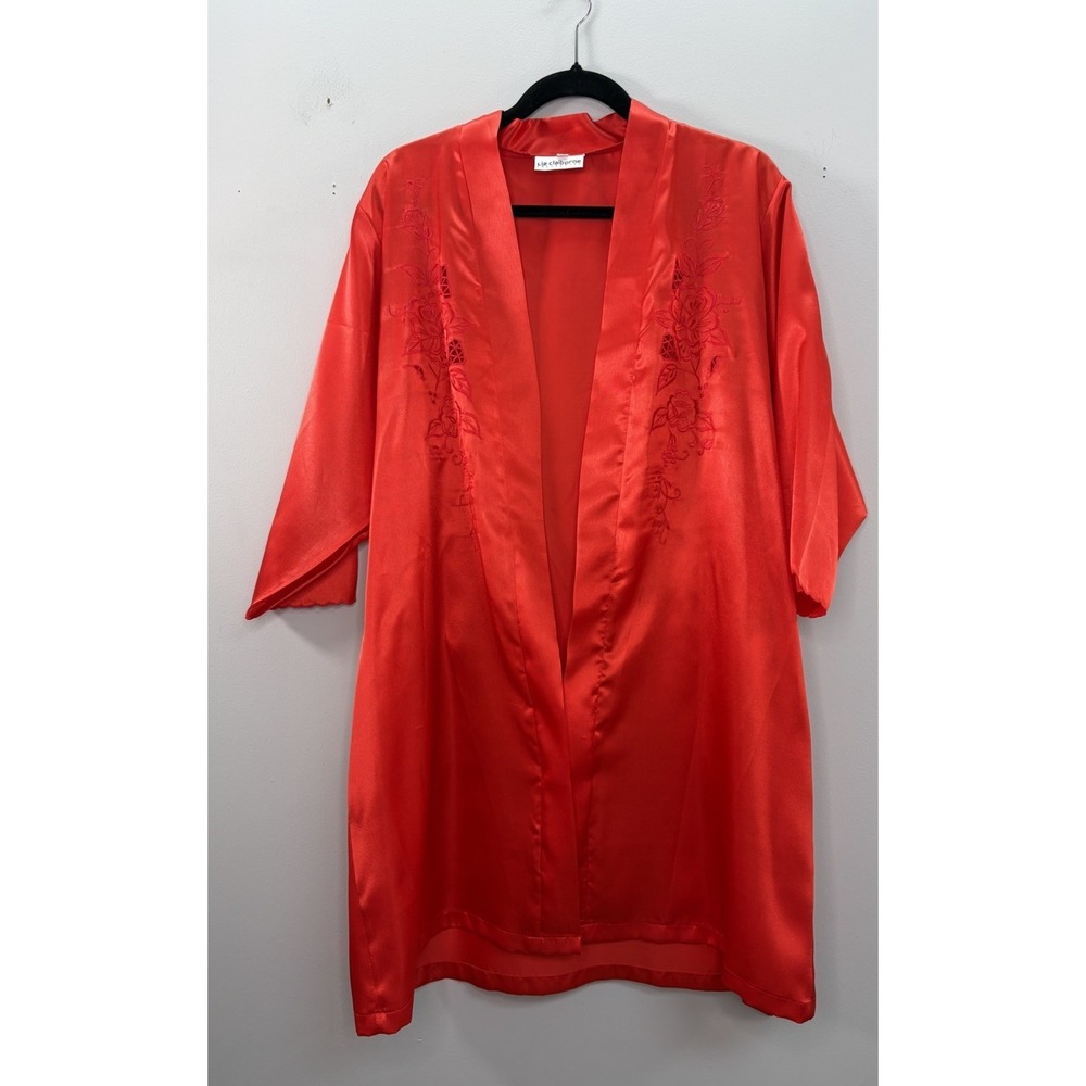 Vintage Liz Claiborne Women M Red Satin Kimono Sleep Set Embroidered Floral Sexy - Picture 2 of 11